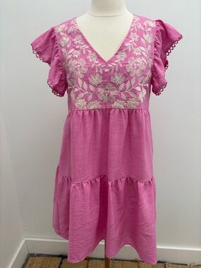 THML Hot Pink Floral Embroidered V-Neck Tiered Dress